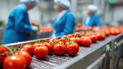 Workers in uniform sorting ripe red tomatoes on conveyor belt in food processing factory, selective focus on glossy tomatoes, industrial background slightly blurred