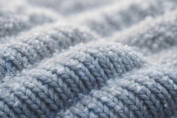Macro shot of icy woolen material showcasing thick knit pattern covered with frost and tiny snowflakes in a cold seasonal atmosphere