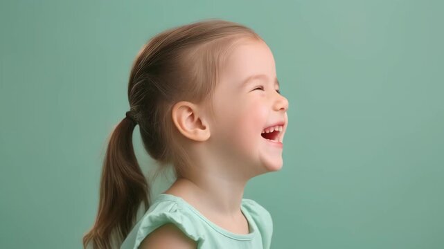 Pure Childhood Joy: Adorable Little Girl Laughing Ecstatically in Profile on a Green Background