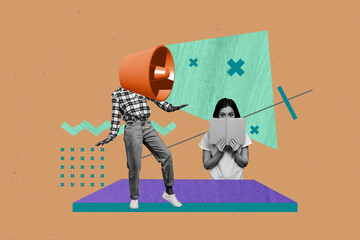 3d sketch poster trend collage of anonym girl instead head megaphone propaganda agitation news...