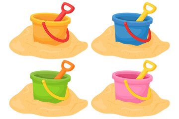 Vector cartoon image of children's plastic bucket with a shovel in the sand. Concept of children's toys and fun. Kindergarten, school. Element for your website, article, etc.