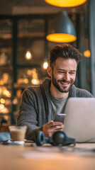 Young man with confident smile working on laptop in coffee shop, wearing casual clothes, gadgets like smartphone and headphones on table, warm cafe lighting