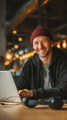 Young man with confident smile working on laptop in coffee shop, wearing casual clothes, gadgets like smartphone and headphones on table, warm cafe lighting