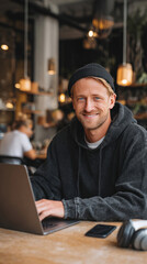 Young man with confident smile working on laptop in coffee shop, wearing casual clothes, gadgets like smartphone and headphones on table, warm cafe lighting