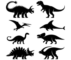 Prehistoric Dinosaur Icon Set Vector Silhouettes of 8 Ancient Creatures Including Brachiosaurus, Pteranodon, Stegosaurus, and T-Rex