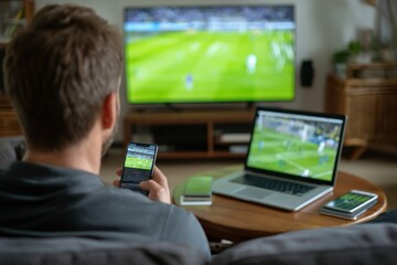 Man watching multiple soccer games at home