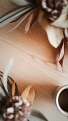 Fototapeta premium Elegant minimalist scene featuring dried flowers and soft light on wooden background