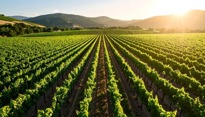 Vineyard Rows at Sunset with Green Leaves and Distant Hills