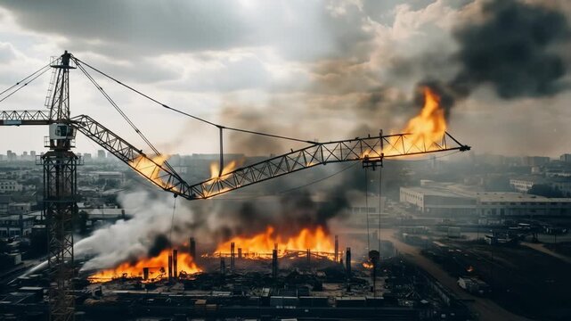 Crane Collapse Amidst Industrial Inferno - A large construction crane lies partially collapsed amidst a raging fire in an industrial area.