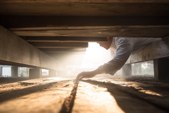 Man inspecting under a wooden deck