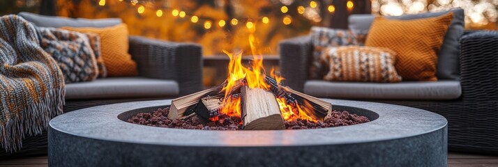Fire pit on sundeck with lanterns and plush couches, blending evening luxury and relaxation for memorable nights.