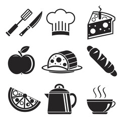 Culinary Icon Set – Chef Hat, Pizza Slice, Hot Drink, Cake & Kitchenware Symbols