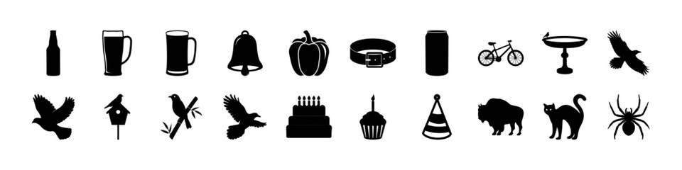 Silhouette Icon Collection of Animals, Food, Drinks, and Everyday Objects - A versatile black silhouette vector icon set containing a wide array of themed illustrations including beverages, birds