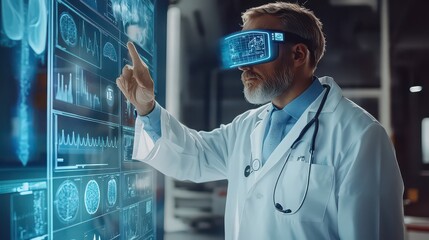 Doctor with vr headset interacting with digital screen displaying medical data and x ray images