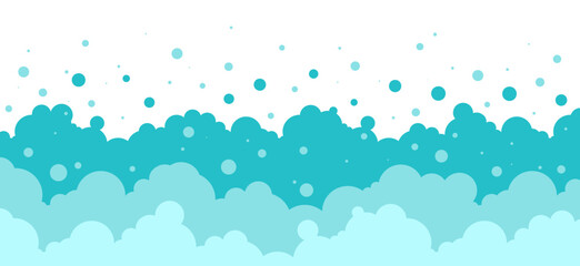 Bubble water background, foam pattern, soap bath, cartoon sea. Soda, wash shampoo, fizz bg. Carbonated splash border. Blue suds frame, drink, laundry effervescent texture. Vector illustration