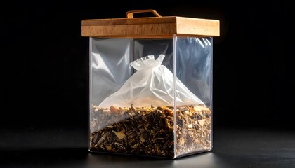 Toples kaca bening dengan tutup kayu yang menampung bumbu dan rempah-rempah kering, dikemas dalam kantong plastik, diisolasi dengan latar belakang hitam dengan pencahayaan studio