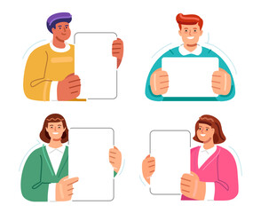 People holding blank signs, collection. Presentation, information. Announcement or promotion, marketing announce