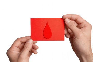 Hands hold red card with blood drop symbol