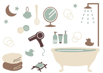 バスタブとシャワーがあるチョコミントカラーのかわいいお風呂セットのイラスト