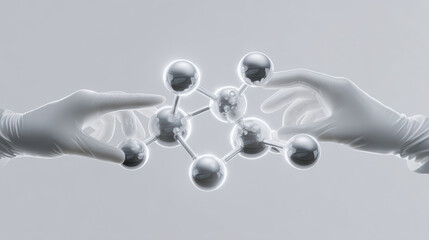 Abstract Chemistry, A minimalist, flat graphic illustration of hands in white gloves connecting stylized molecular models. on Light gray background. 3d illustration.