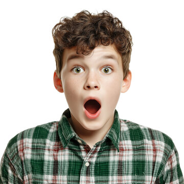 young boy expressing surprise or shock isolated on white background