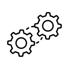 Two gears connected in minimalist design with black outline  