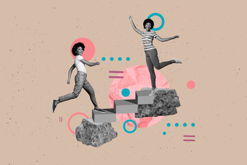 Trend graphics collage of happy people stand top rock steps on pastel color background
