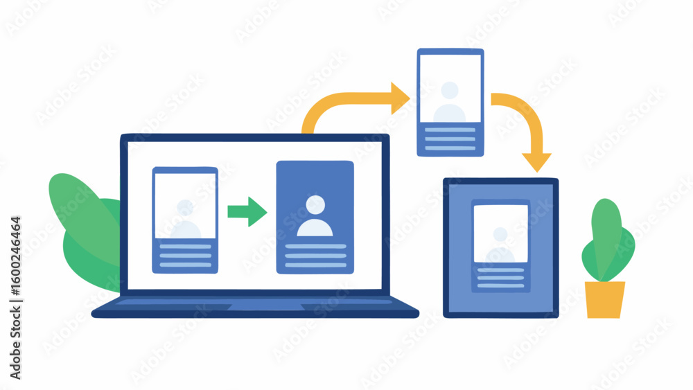 Poster illustrative diagram showing data transfer between devices with profile icons and arrows