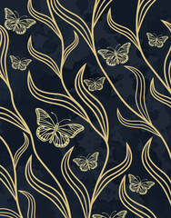 Elegant Gold Butterflies and Leaves on Dark Background