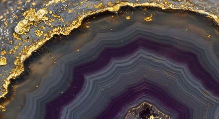 Luxurious abstract background of a purple and grey agate slice with gold trim. Macro texture of a natural geode stone with concentric bands and mineral patterns.