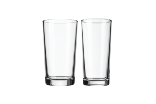Two clear tall drinking glasses standing side by side isolated on transparent background