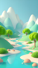 Naklejka premium A serene cartoon landscape features pastel mountains a winding river and lush