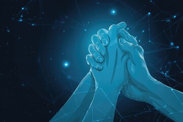 Two hands clasped together, against a backdrop of glowing constellations and connected lines