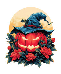 ChatGPT сказал:
A Halloween pumpkin with a witch's hat on top, surrounded by dark leaves and vines, against a transparent background. Concept for Halloween, spooky vibes, and fall atmosphere