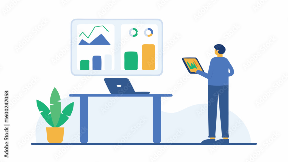 Poster illustration of a person with tablet analyzing data charts in an office environment setting view