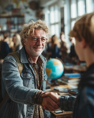 Middle-aged man shaking hands with a young student in classroom  