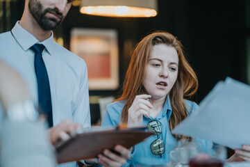 A team of coworkers is engaged in a professional discussion while reviewing documents in a vibrant...