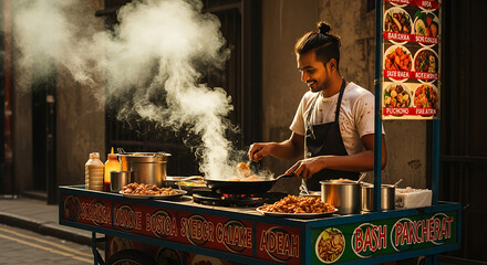 A man cooking street food on a cart with steam rising and a menu displayed on the side cart