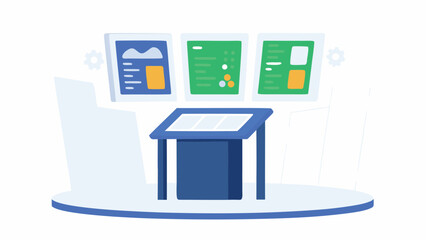 An information kiosk with three screens displaying data and charts in a stylized illustration