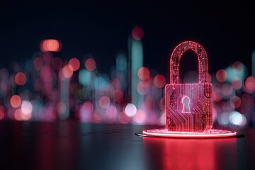 Cybersecurity lock against city lights