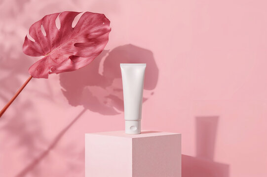 An elegant tube of beauty cream showcases radiant skincare on a coral cube with soft shadows in pink