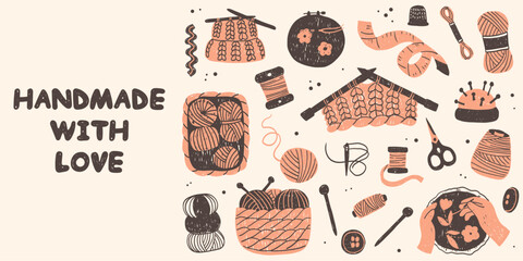 Flat vector illustration of hand-drawn knitting doodles. Yarn balls, needles, and crafting elements. Perfect for craft designs, social media, packaging, branding, and greeting cards