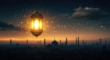 Magical Ramadan Lantern Floating Over Islamic Cityscape at Twilight with Stars and Minarets