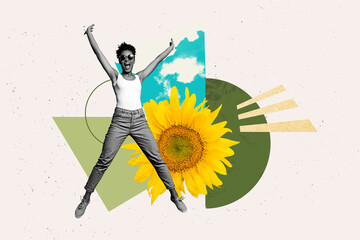 Banner creative collage of people care earth with yellow sunflowers sky on white color background