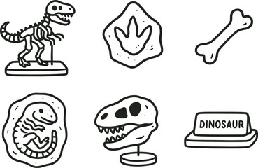 Obraz premium hand drawn cute out doodle style isolated dinosaur skeleton mount dinosaur footprint mold dinosaur bone fragment dinosaur fossil cast dinosaur skull replica dinosaur ehibit label