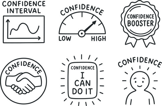 hand drawn cute out doodle style isolated confidence interval chart confidence meter dial confidence booster badge confidence handshake stamp confidence mantra card confidence aura overlay