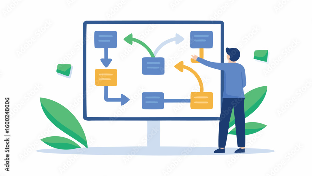 Poster man presenting a flowchart on a whiteboard with blue and yellow boxes and colored arrows shown on it