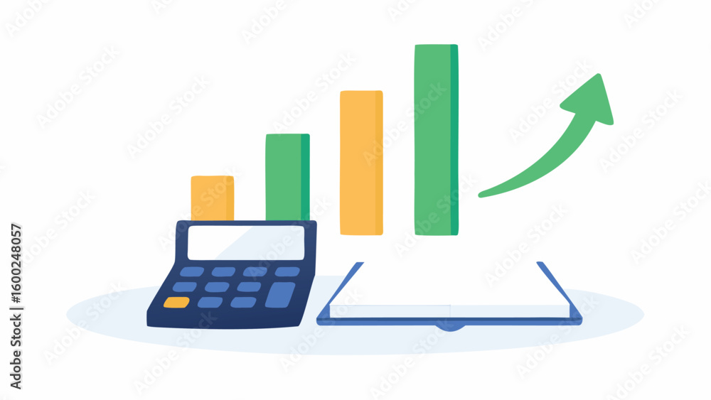 Poster illustration of a calculator with bar graph showing growth and an upward pointing arrow icon