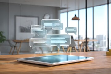 Digital chat bubbles hover over a tablet on a wooden desk in a modern office