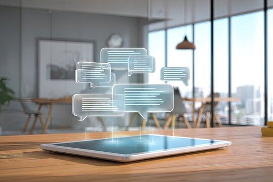 Digital chat bubbles hover over a tablet on a wooden desk in a modern office